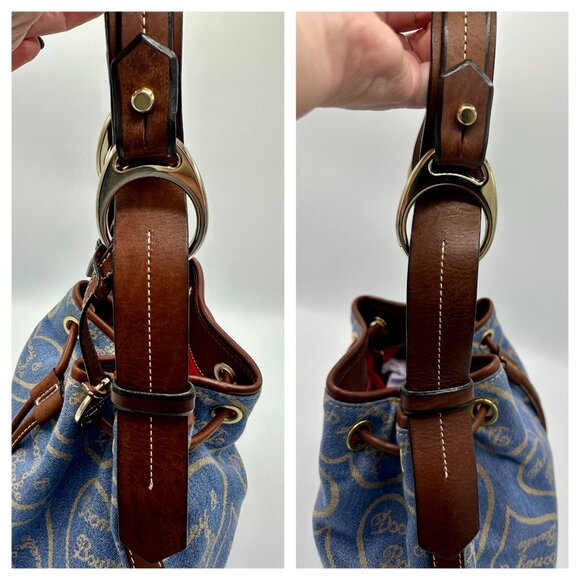 Vintage Dooney & Bourke Blue Denim Canvas Hearts Sig Drawstring Bucket Bag - Picture 9 of 15